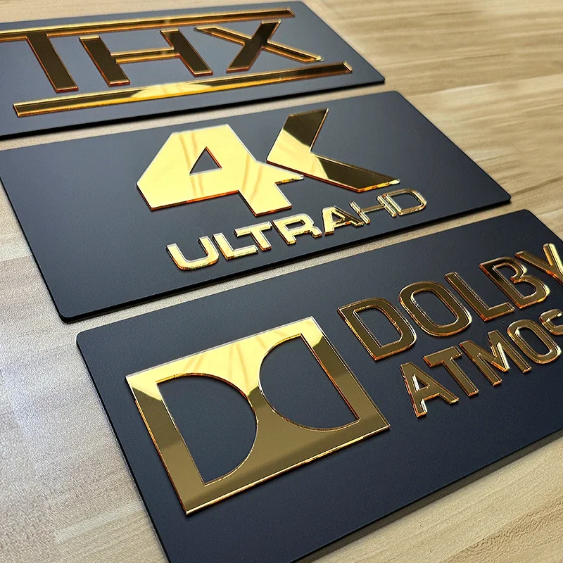 HOME CINEMA Home Theatre Signs Gold Mirror 3D Cinema Room 4K Ultra HD THX KRIX DTS X Dolby Atmos Wandschild Gold Acryl Heimkino