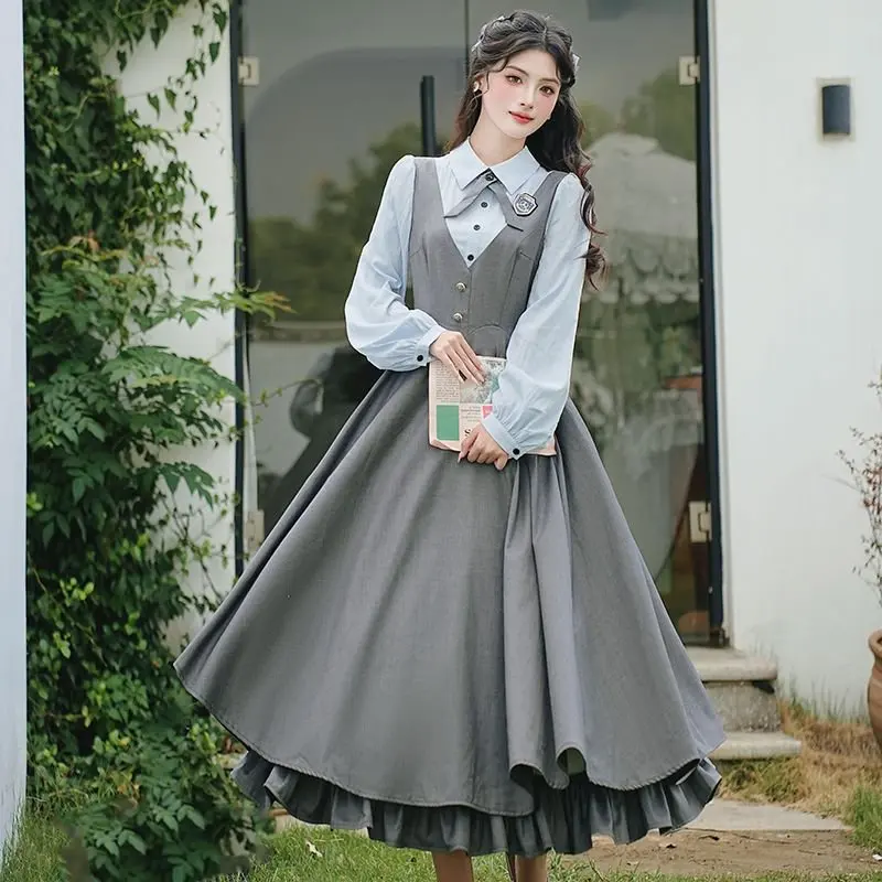 

Spring Autumn Fake Two Pieces Shirt Dresses Women High Waist Belted Long Sleeve Lolita Cute Ruffle Pleated Long Dresses femmel