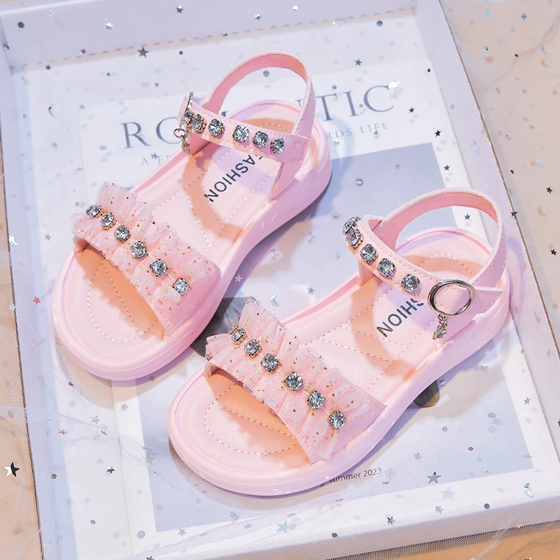 Girls Casual Shoes Sweet Lace Shiny Crystal Kids Sandals Open Toes Soft 2026 Summer New Children Beach Shoes Non-slip Trendy