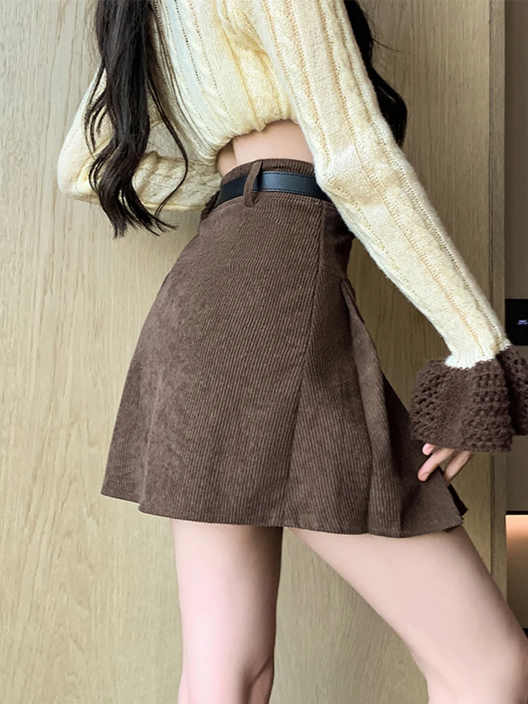 College Style Vintage Mini Corduroy Skirt For Woman Autumn Winter Streetwear Slim Short A-line Skirts With Pocket