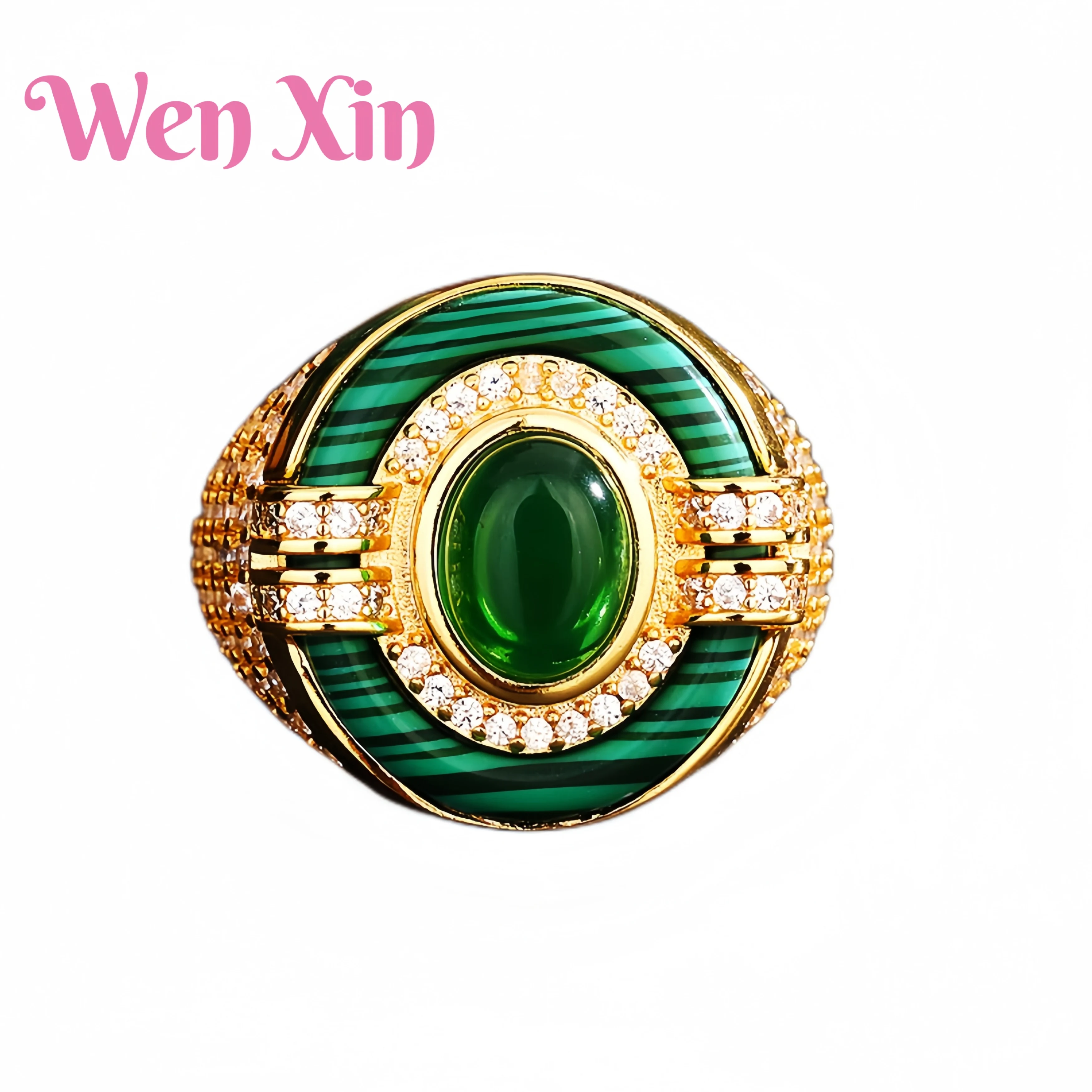 

WENXIN Brand MUSHAN MCT Gemstones Emerald Zebra Pattern Inlaid Zircon Gold Plated Open Ring Fashion Jewelry Accessories Women