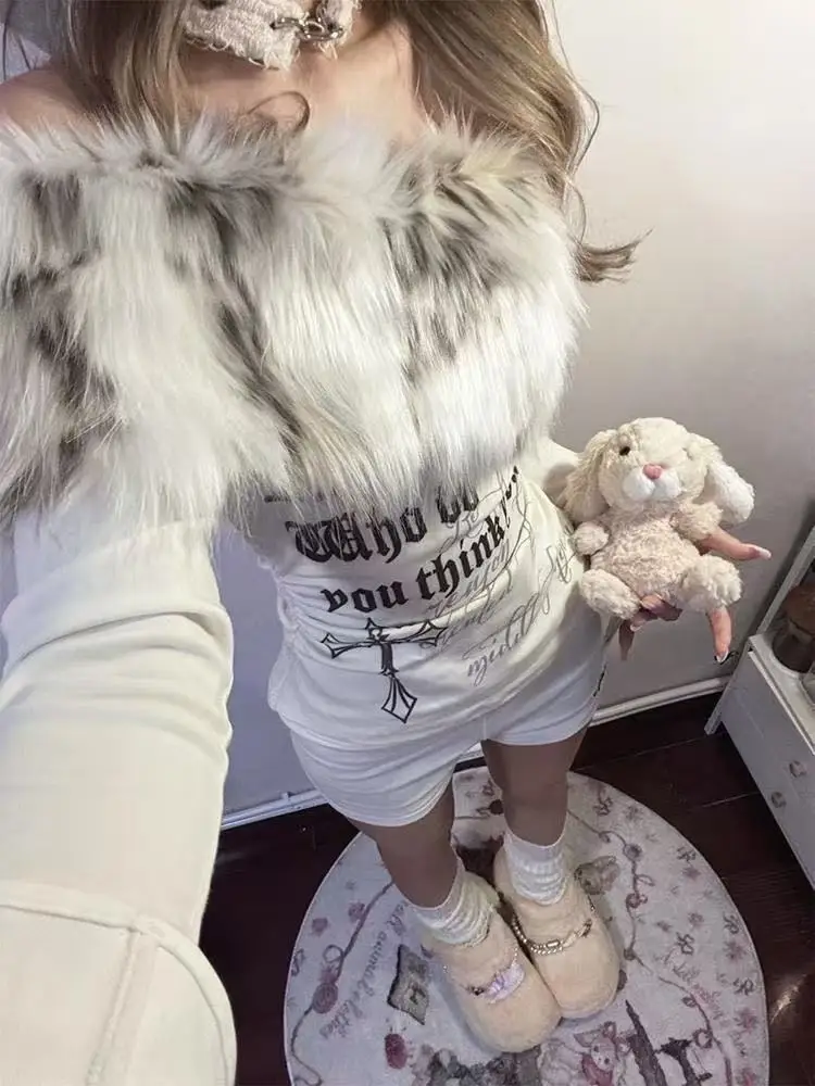 

American Retro Print Fur Patchwork Off Shoulder Tops Autumn Winter New Bottoming T-shirt Y2k Long Sleeve Slim Fit Blusas Mujer