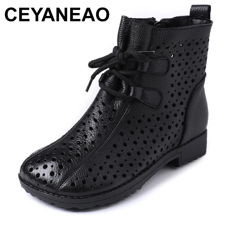 

Spring Summer 100% Genuine Leather Boots Breathable Hollow Boots Flat Soft Non-slip Big Size Comfortable Shoes Women