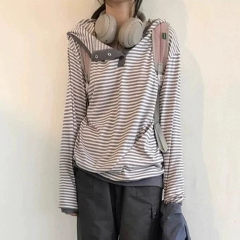 Lose Frauen Komfortable Mit Kapuze T-shirt Vintage Japanischen Herbst Harajuku Casual Tops Taste Langarm Gestreiften E-mädchen Pullover