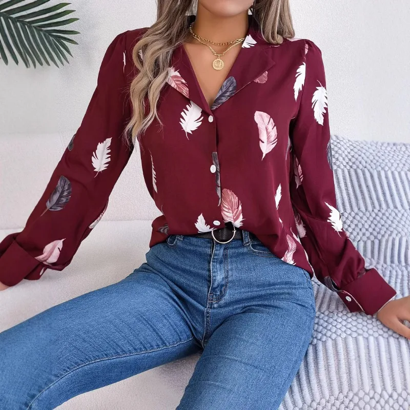 Women Autumn Winter Elegant Feather Print Blazer Collar Long Sleeve Shirt Blouse EU US Style