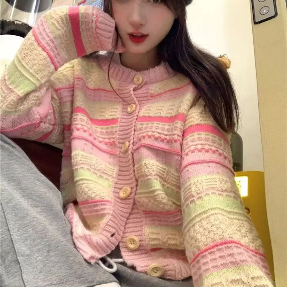 

Осенние вязаные кардиганы с длинным рукавом в полоску, осенне-весенний корейский милый трикотаж, свободные женские топы, кардиганы в стиле Y2K, уличная одежда