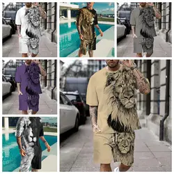 3D Lion Print Men's Cool T-shirt Shorts Set For Sports fitness Summer Man Set Street Style Oversized Graphic 2Pcs Unisex Clothes