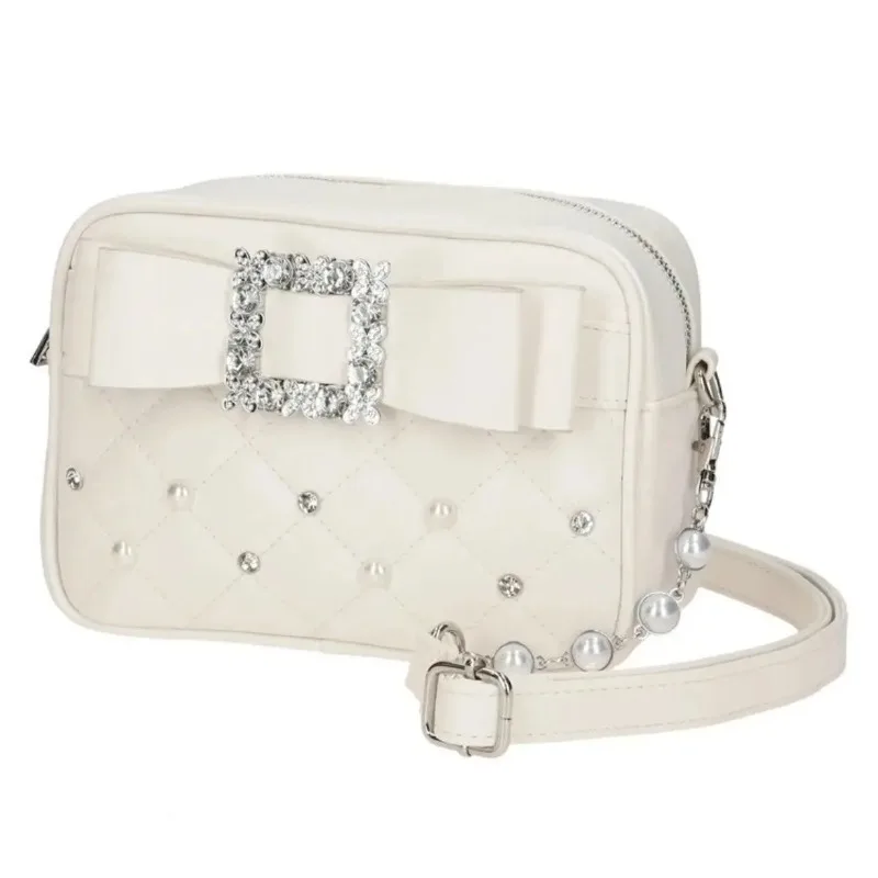 

Sweet Knot Pearl oulder Crossbody Bag for Girls Faionable Diamond id Square Bag Briti Sle Soft PU Le...