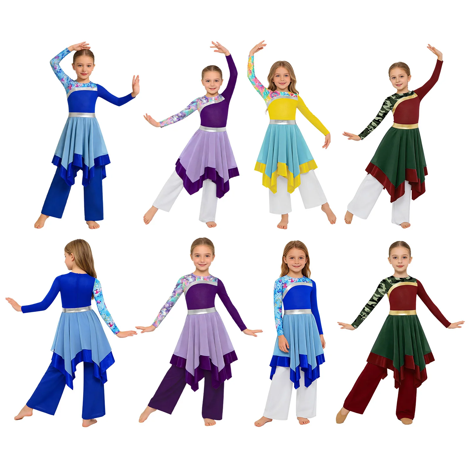 Conjunto de Danza de Alabanza Cristiana para Niñas, Vestido Tipo Túnica con Cremallera Trasera y Mangas Largas con Estampado y Pantalones