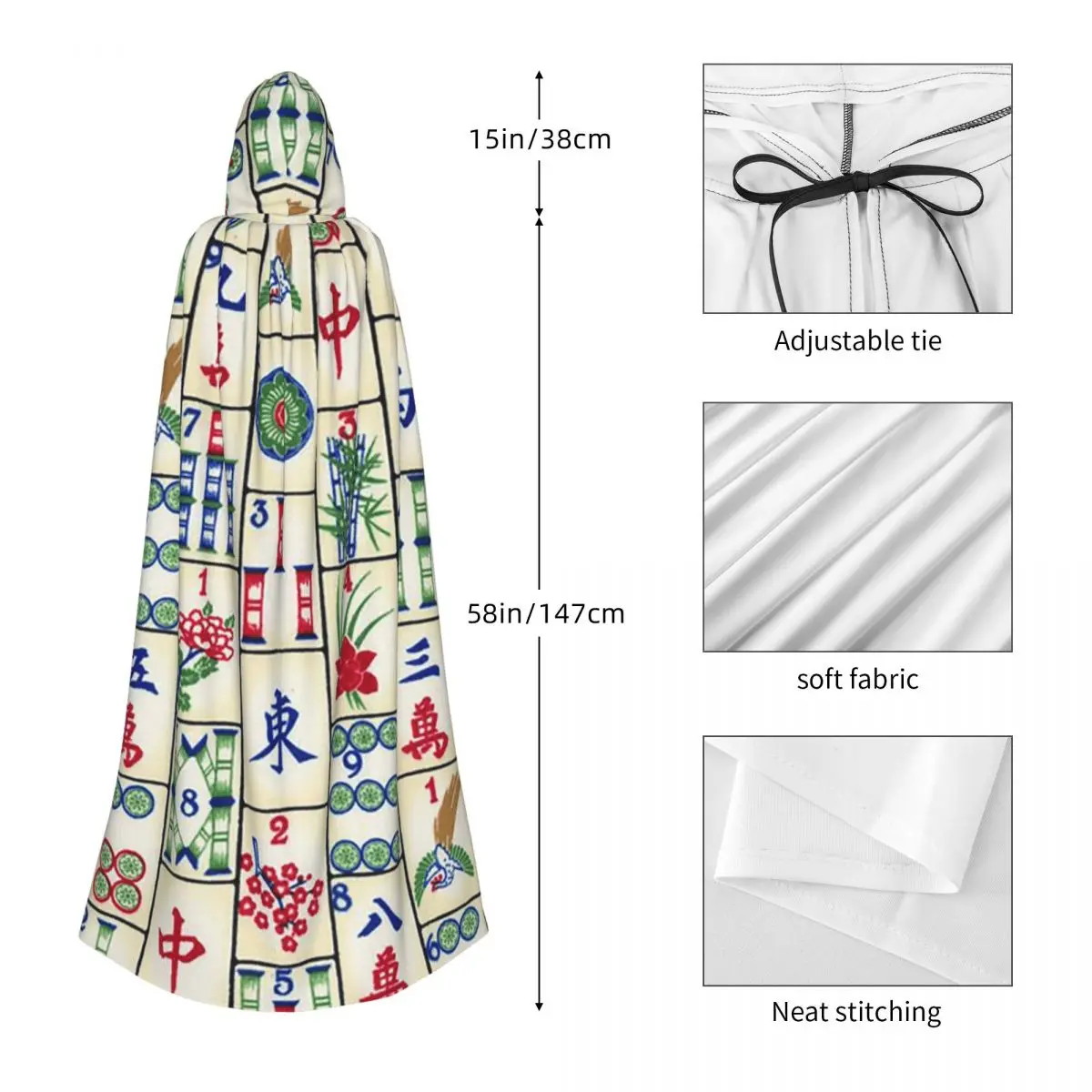 Mahjong Tile Pattern  Long Hooded Cloak Witch Medieval Costume Cosplay Cape HalloweenCoat Adult Unisex