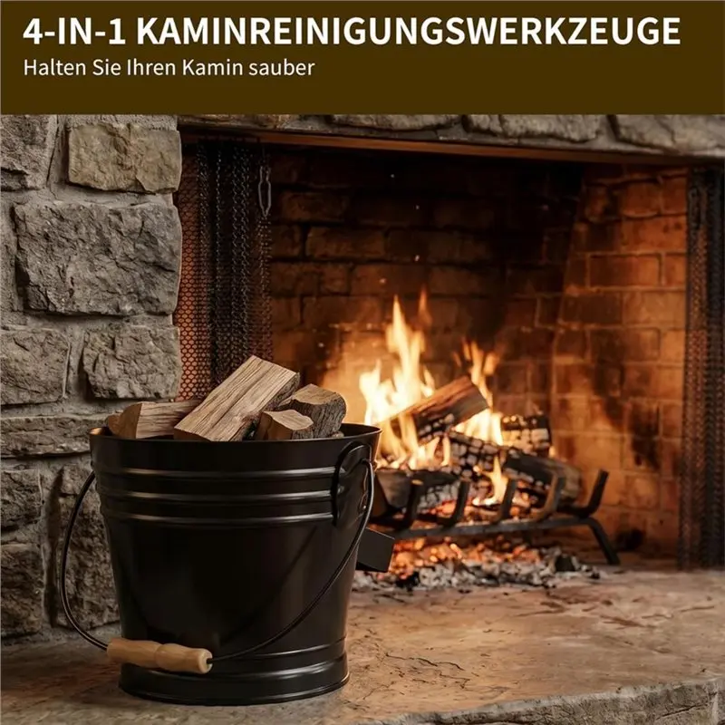 AB34-Metal For Fireplace& Grill Ash Bucket 6L With Lid-Includes Gloves, Shovel& Brush Hand