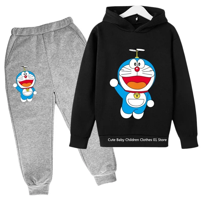 Doraemon Tracksuit Sets Boys Girls Outdoor Sports Clothes Sets 3 To 14 Years Clothes For Teenagers Team Hoodie + Pants