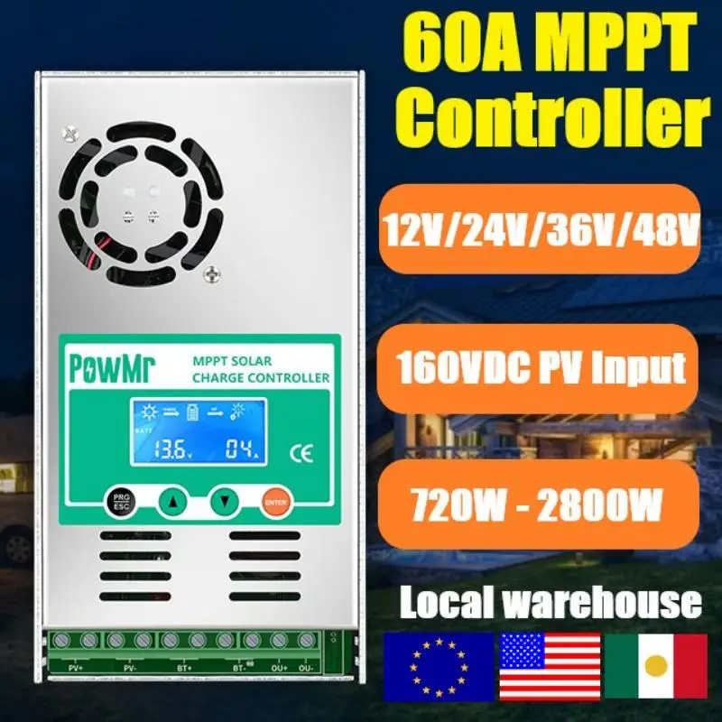 

PowMr 60A MPPT Solar Charge Controller 12V/24/36/48V System LCD Auto Regulator Max 160 VDC For Sealed/Gel/NiCd/Lithium Battery