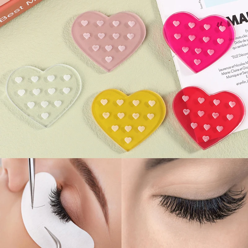 Paleta de extensión de pestañas acrílicas, soporte de pestañas postizas en forma de corazón de cristal, bandeja de pegamento transparente, accesorios de maquillaje