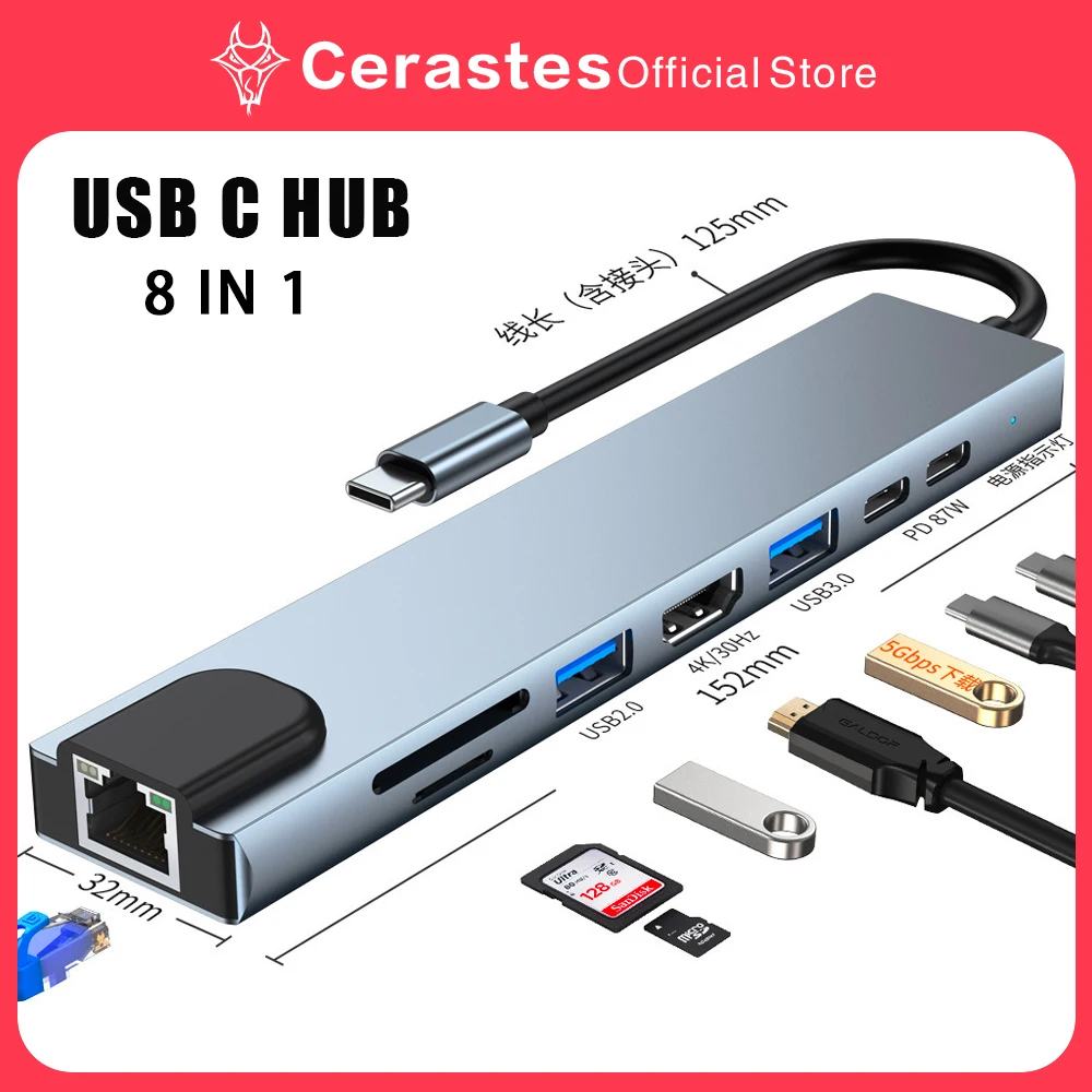 

Usb 8 In 1 Type C 3 1 To 4k HdTV Hub Adapter With Sd Tf Rj45 Card Reader Pd Fast Charge For Macbook Notebook Computer