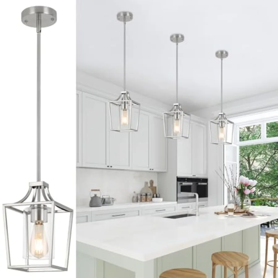 

Brushed Nickel Lantern Pendant Light Fixture Pendant Lights for Kitchen Island with Clear Glass Shade Adjustable Height Rods Pe
