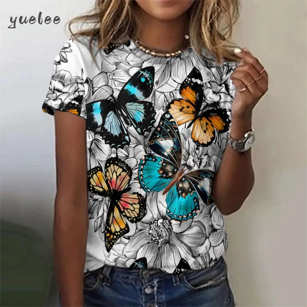 

Женская футболка 2025 года с графическим принтом бабочки, летние повседневные топы с короткими рукавами, уличная модная футболка с круглым вырезом, женская одежда