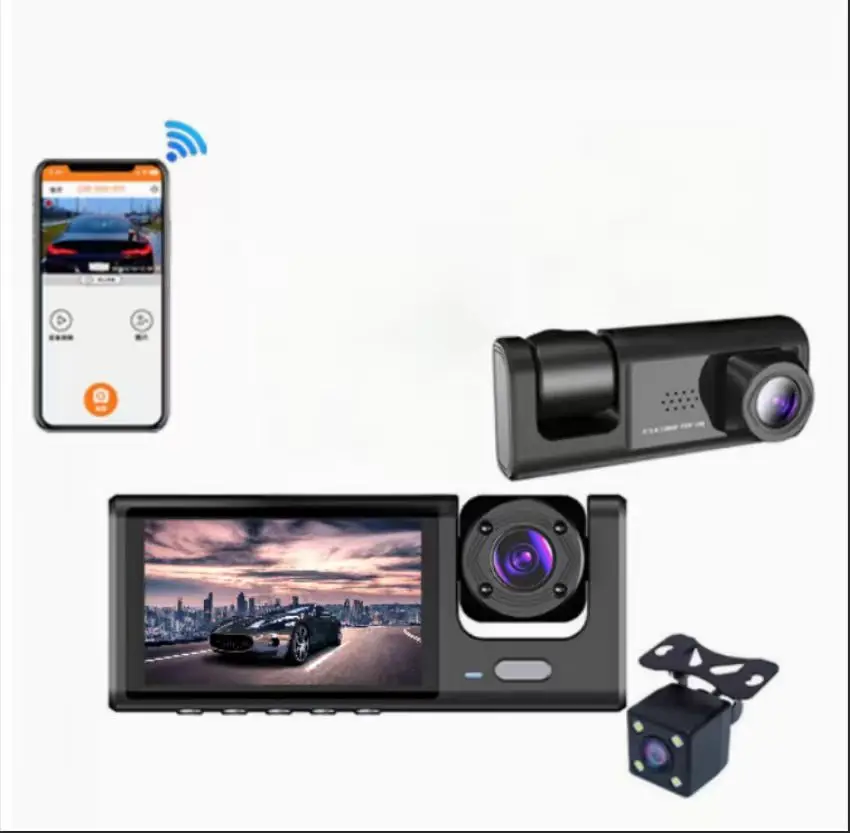 

Видеорегистратор HONG TONG 2-дюймовый с Wi-Fi, тремя объективами, высоким разрешением и функцией камеры заднего вида для автомобиля