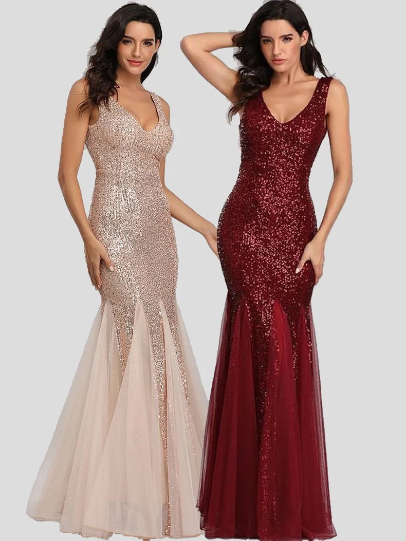 ZL57 vestido de noche ajustado de cola de pez sexy de Oriente Medio con lentejuelas para novia, temperamento rojo