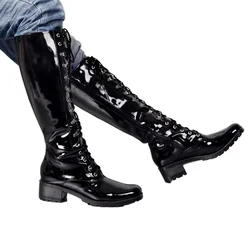 Men's Patent Leather Motorcycle Knee High Boots Winter Steel pipe perform Shoes,Western Riding Long Boots Lace up Thick Heel