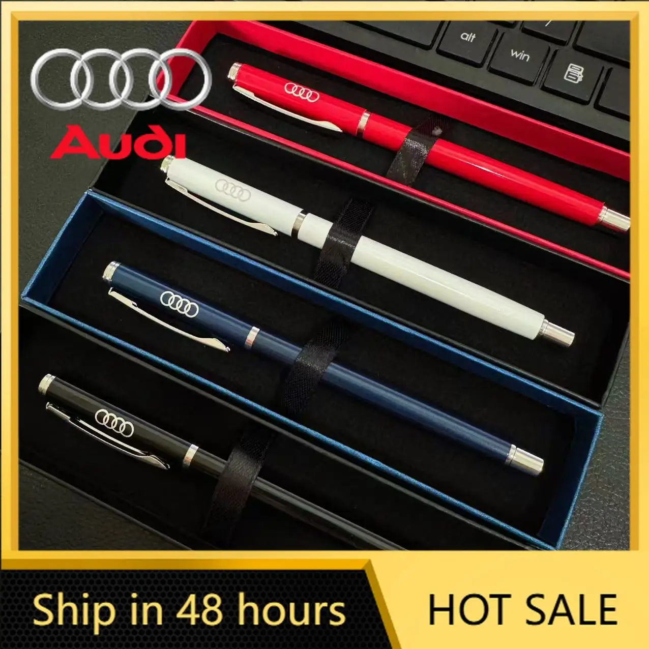 

2025 Hot 1PCS Car Logo Emblem Portable Ball Pen Men's Woman Christmas Gift Business Car Accessories For Audi A7 A3 A4 A6 A5 Q5 Q