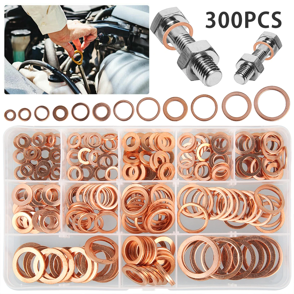 

300Pcs Copper Washers M5-M20 O Ring Copper Gaskets Flat Ring Seal Kit Assortment Car Copper Sealing Ring with Storage Case