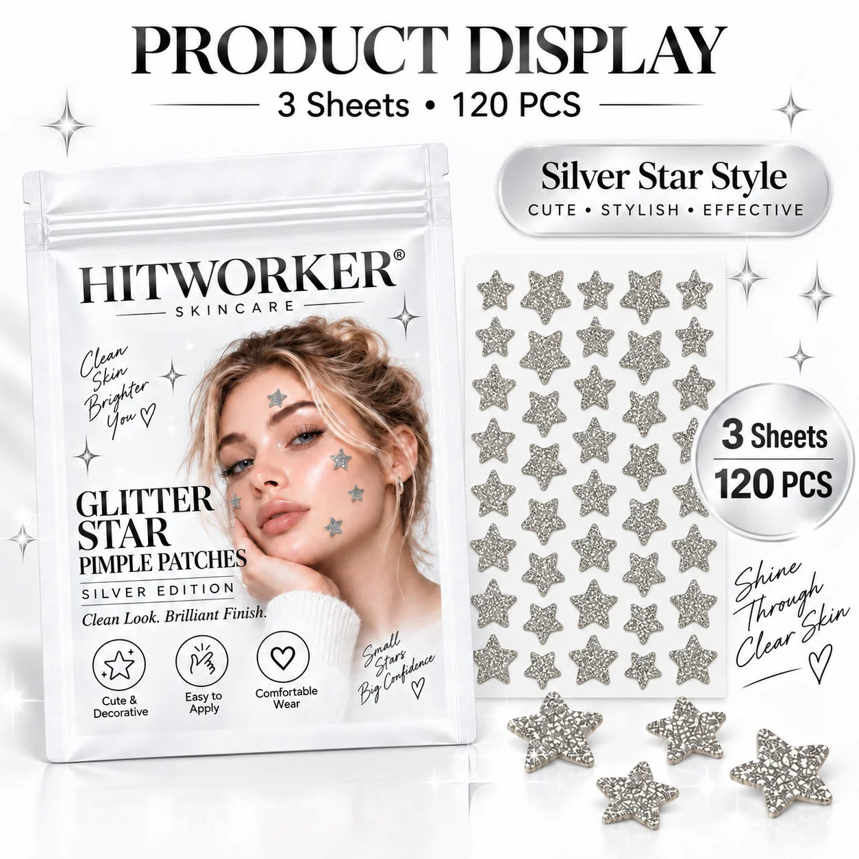 120PCS Star Pimple Patches, Silver Glitter Face Stickers, Cute Sparkly Star Patches for Women, Makeup and Daily Skincare