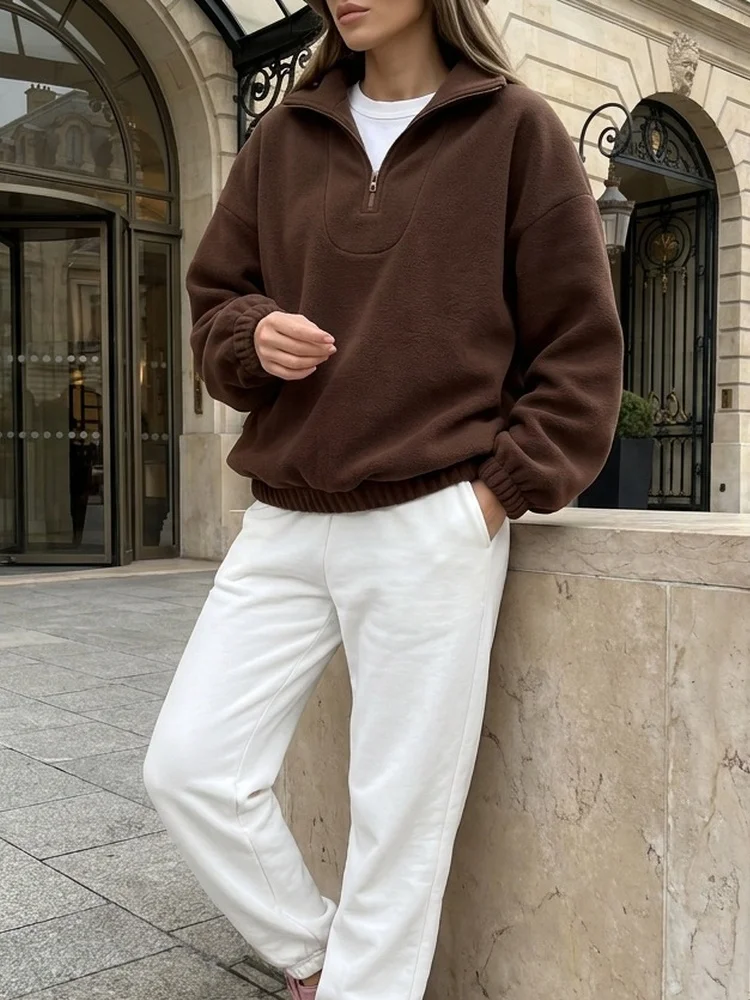 Tossy Fleece Half Zip Sweatshirt Long Sleeve Mock Neck Drop Shoulder Ribbed Cuff Ribbed Hem Oversized Daily Street Sweatshirt