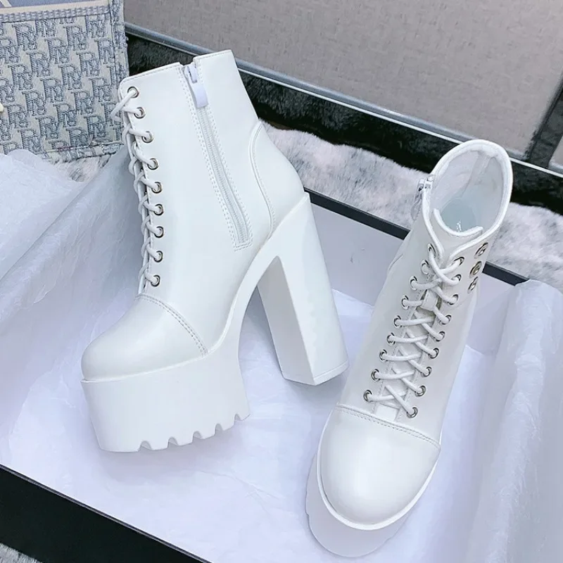 Comemore Cosplay Shoe Lady Zipper Boots Womens Comfy Booties Platform Stage Performance Shoes High Heels White Black Chunky Heel