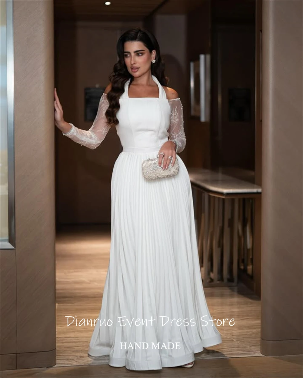 فستان سهرة Dianruo برقبة رسن على شكل حرف A مطوي وأكمام من الدانتيل رداء De Soirée Abendkleider دبي فيستدو دي فييستا مخصص