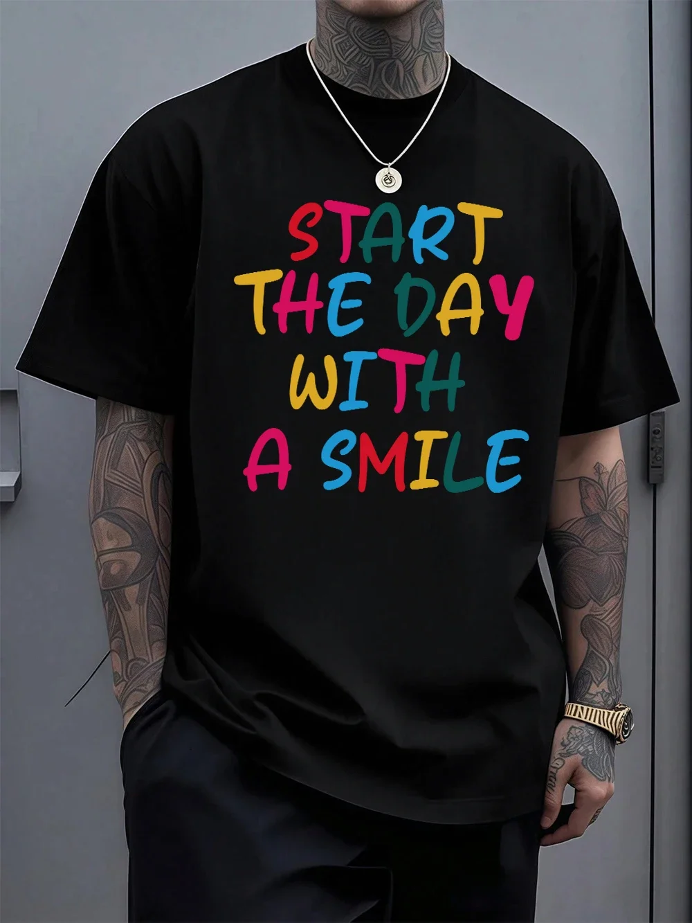Start The Day With A Smile Print Cotton T-Shirts Mens Summer O-Neck Short Sleeve T Shirt  Soft Tops Basic Male Clothes