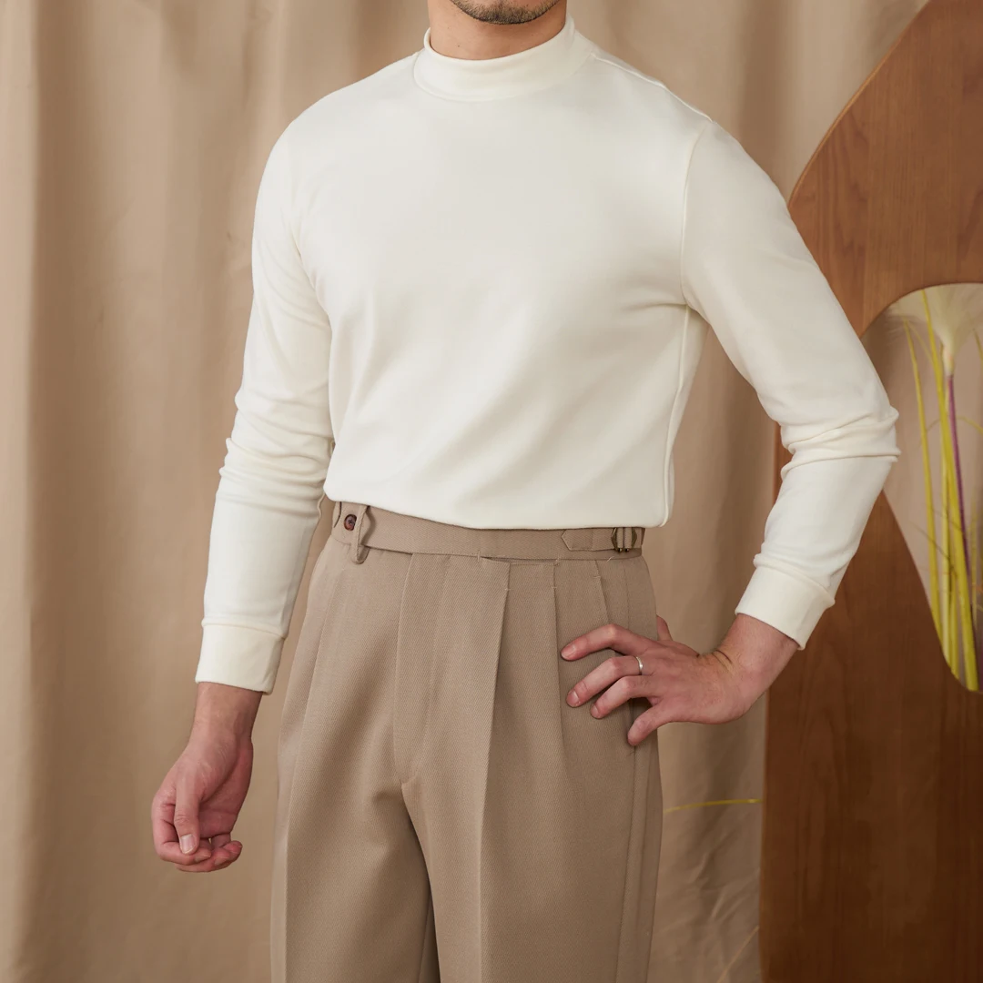 Skin-friendly soft waxy high stretch fashion versatile casual warm semi-high collar long sleeve T-shirt for men