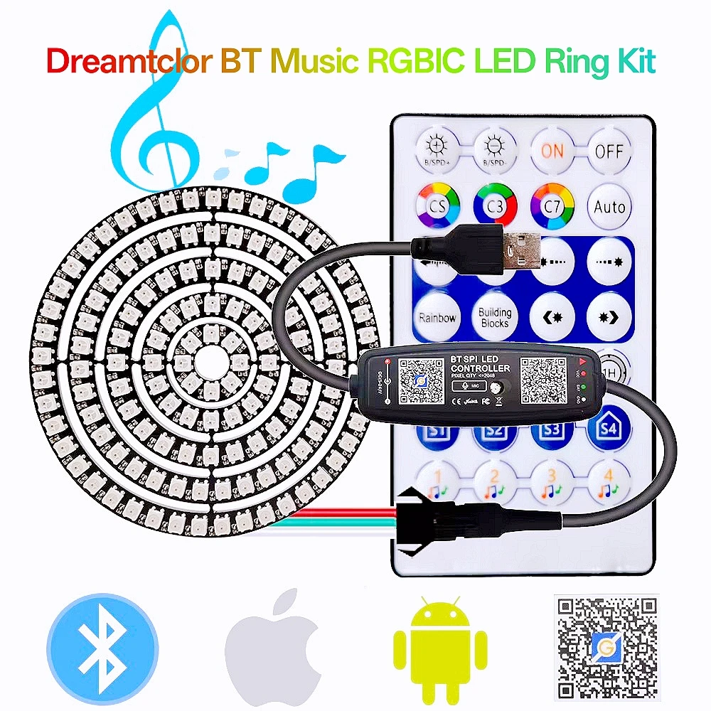 WS2812B Led Ring Individually Addressable 5050RGB With USB 28Keys Music Bluetooth  Controller Kit BuiIt-in 8/16/24/35/45 Pixels