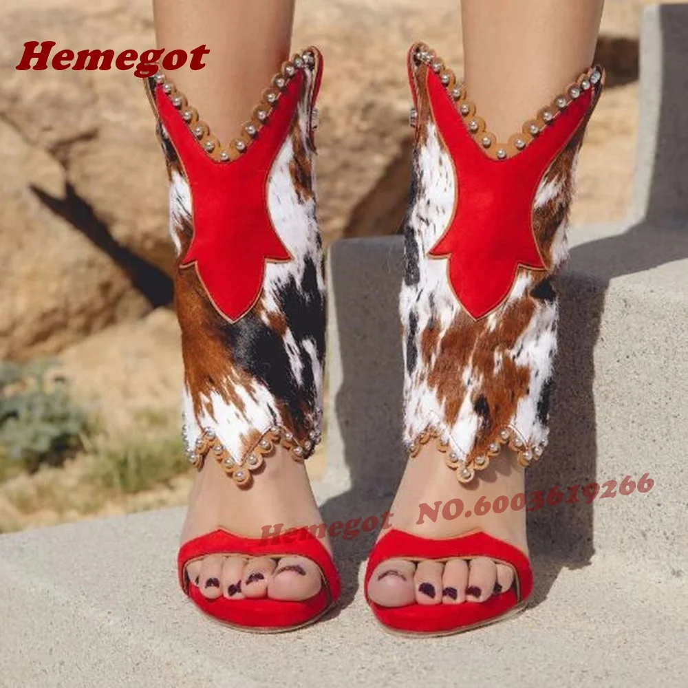Red Cowhide Print Peep-Toe Ankle Stiletto Boots Studded Trim Patchwork Platform Sandals Western Retro Zipper Shoes Splicing 2026