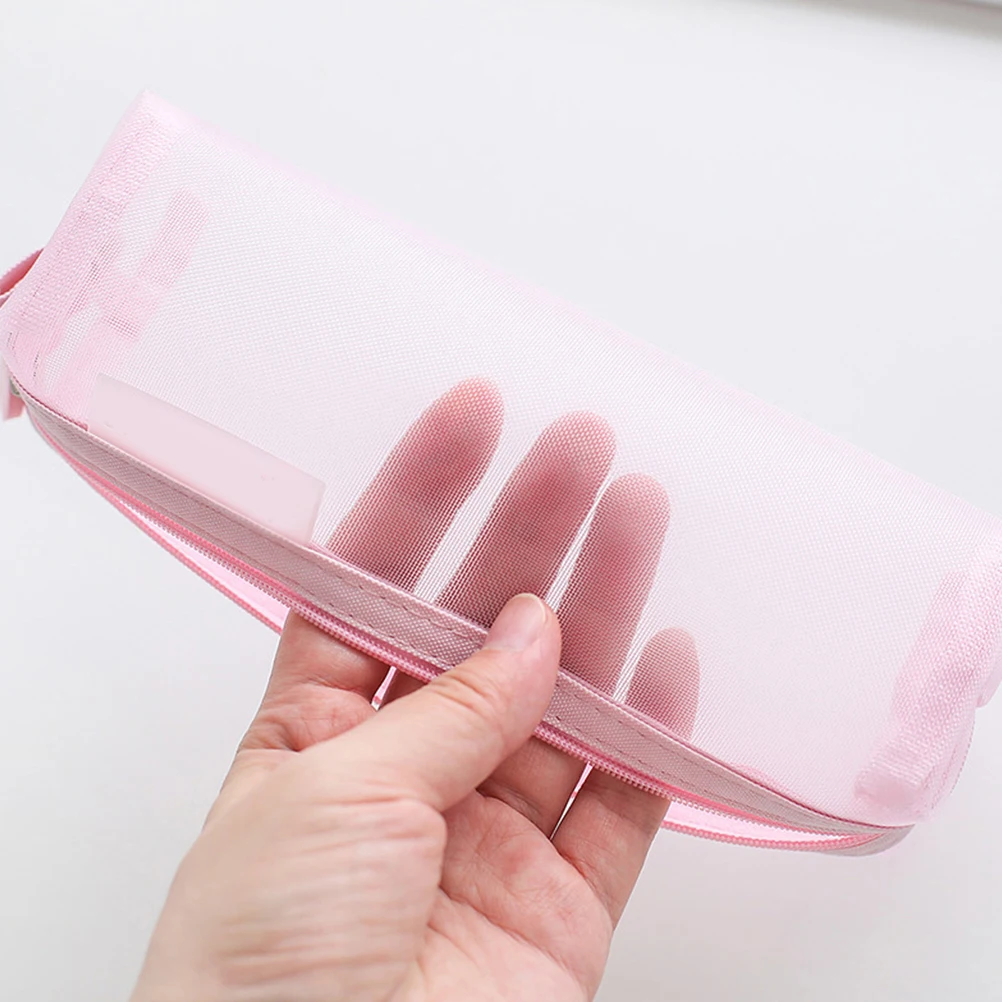 

Transparent Pink Pencil Case Mesh Pen Container Lightweight Pen Bag Students Stationery Organizer Cash Coin Holder