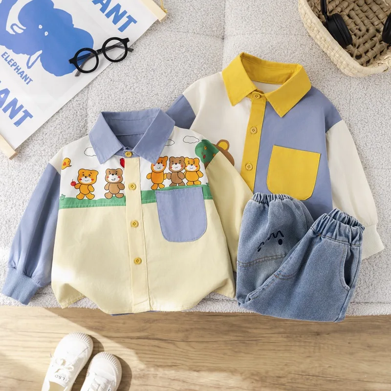 

Boys Spring Autumn Set New Bear Cotton Shirt Long Sleeve Children Casual Two piece Set Trendy Cute Color Blocked Shirt