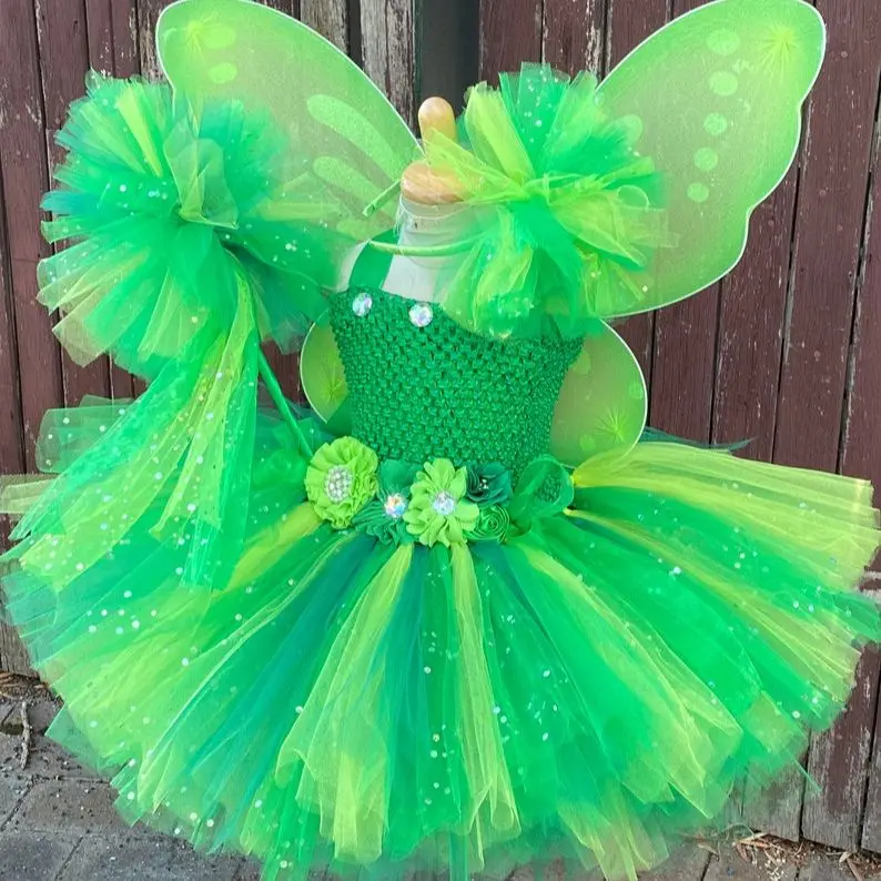 Girls Green Glitter Flower Dress Kids Butterfly Fairy Tutu Dress With Wing Stick Children Birthday Christmas Costume Party Dress