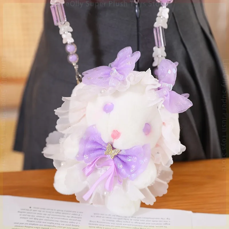 Cute Lolita Bunny Shoulder Bag Plush Toys Stuffed Animal Cartoon Rabbit Doll Mobile Phone Bag for Girls Kids Xmas Fashion Gifts