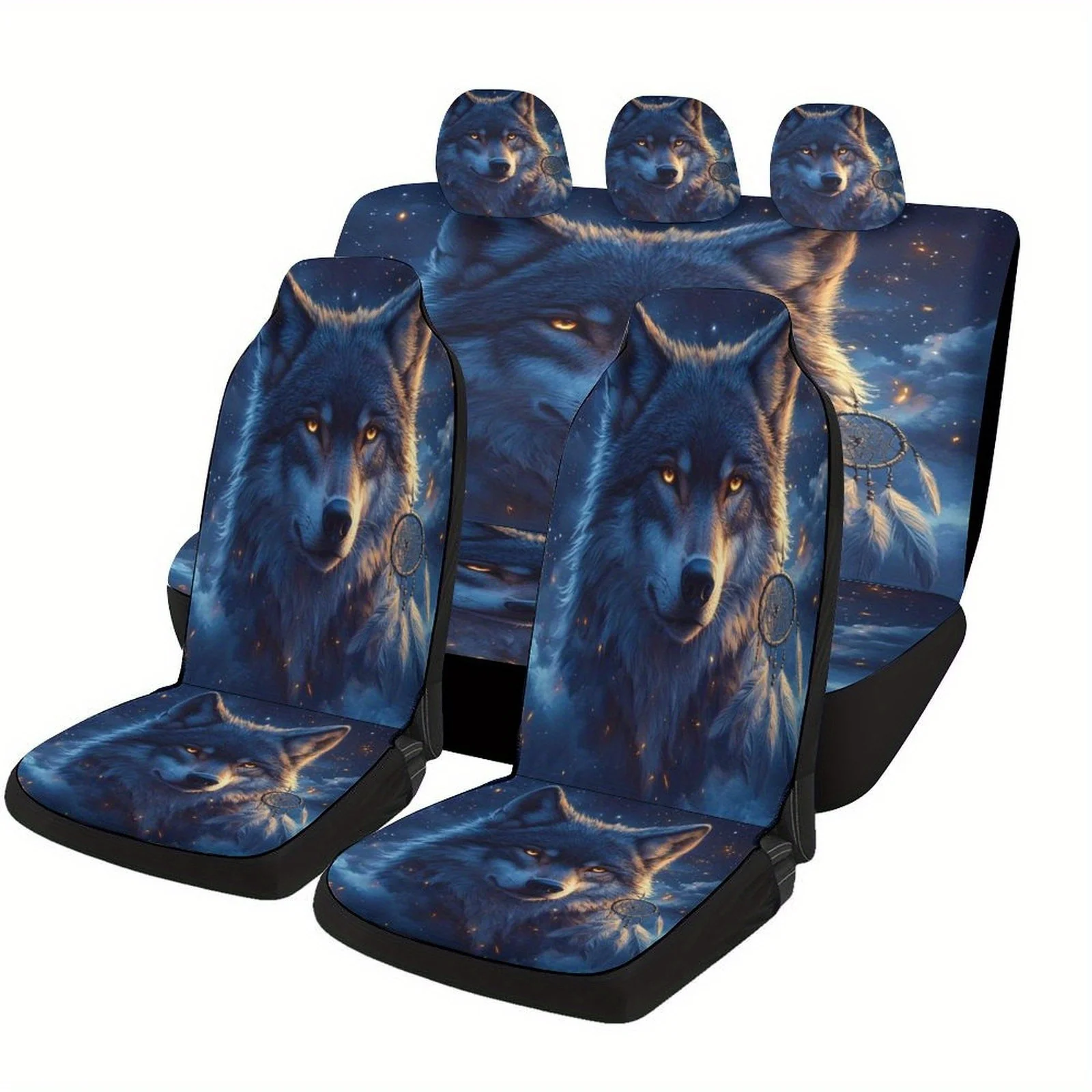 Wolf Dreamcatcher Night Designed Car Seat Cover Set For Most Cars, Trendy Novelty High-quality Car Seat Protector Covers Full Se