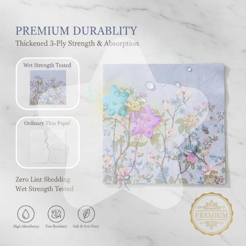 Vintage Wildflower Disposable Napkins 20Pcs Eco-Friendly Soft Printed Paper Napkins for Baby Shower Bridal Tea Party
