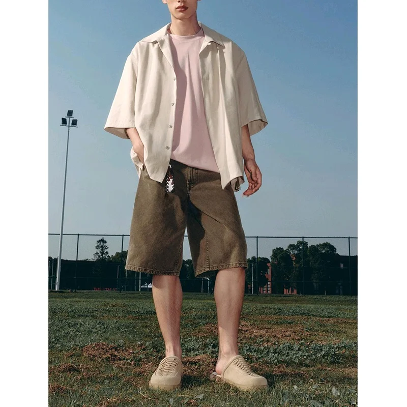 Csa masculina de verão, foada, em mistura de fibras, manga curta, com botões, tecido de poliéster, estilo casual, modern...