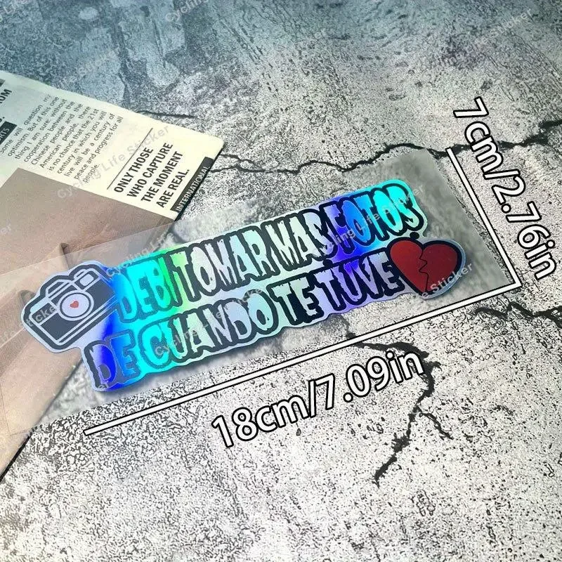 1Pc Holographic Spanish Broken Heart Camera Quote Vinyl Sticker Waterproof Scratch Cover Car Window Decal