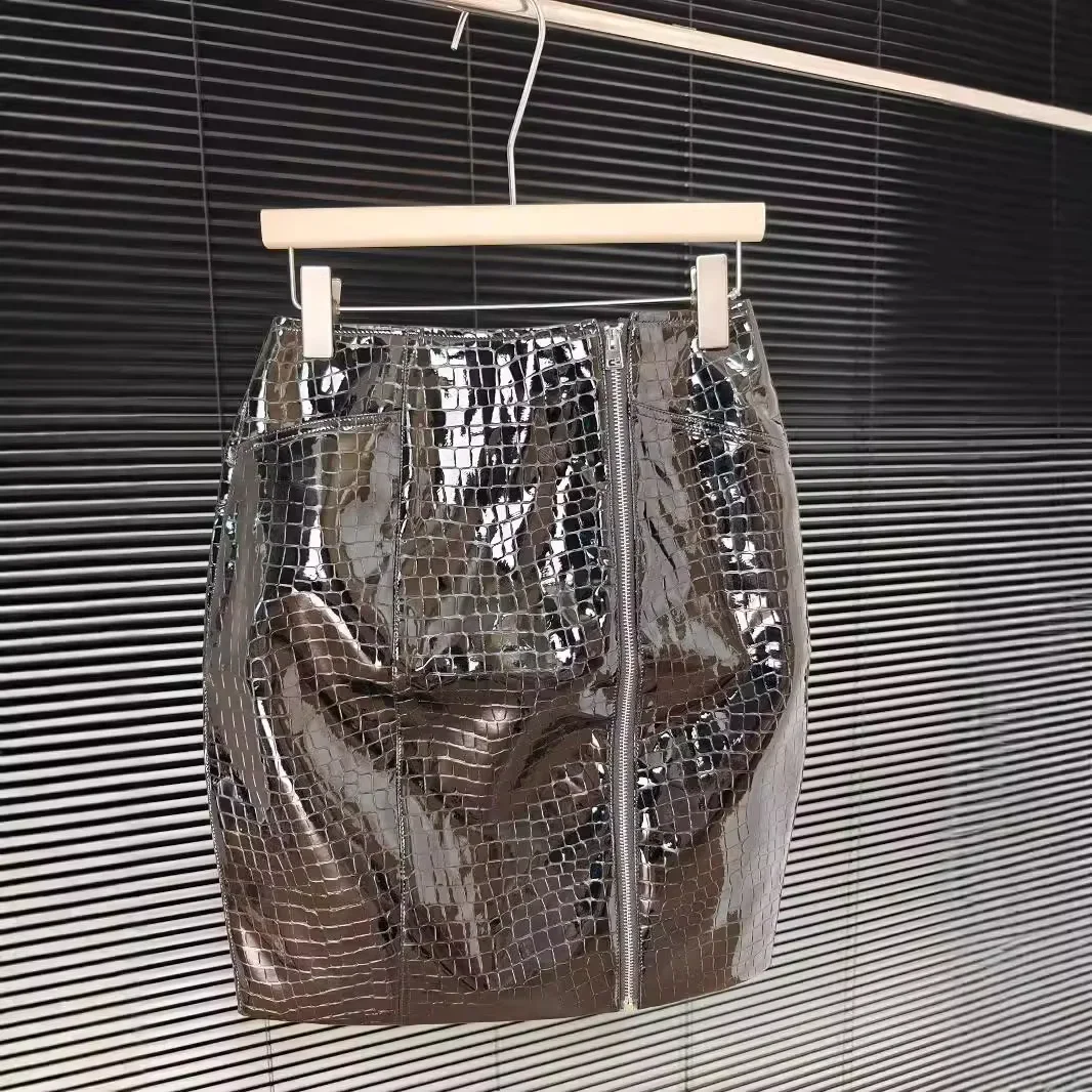 Pop 2024 Spring And Autumn Crocodile Pattern Soft Snake Bodycon Skirt High-Waisted Patent Leather A- Line Mini Dress Bright Skin