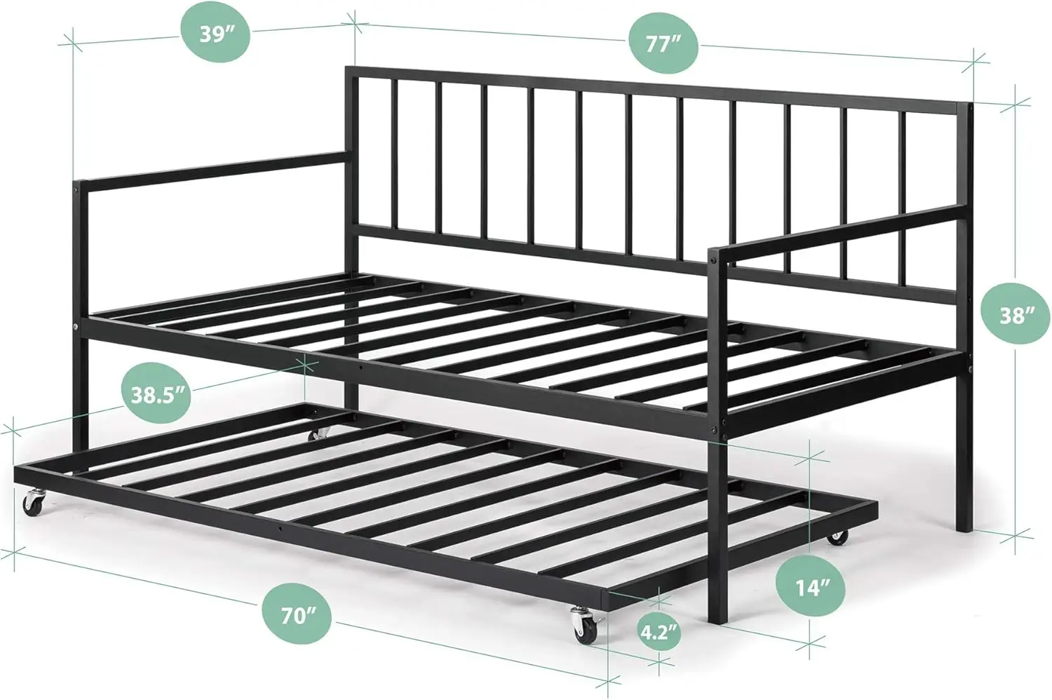 Eden Metal Daybed With Trundle, Mattress Foundation With Steel Slat Support, Easy Assembly, Twin