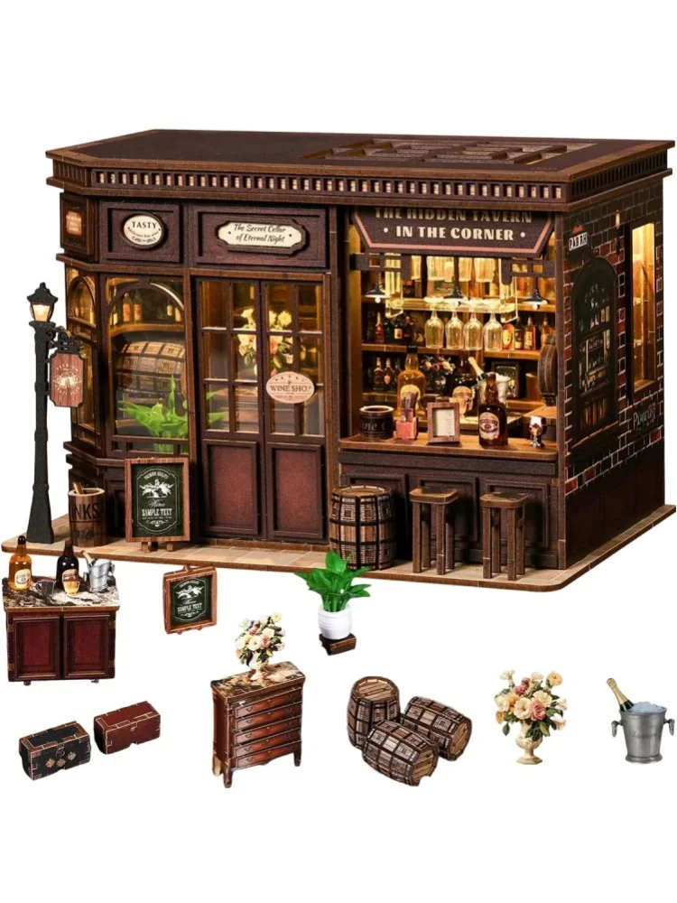 327-teiliges 3D-Eck-Bistro-Modell DIY Miniatur-Holz-Buchnische DIY 3D-Holzpuzzle Handgefertigte Vintage-Taverne-Szene Eck-Bistro