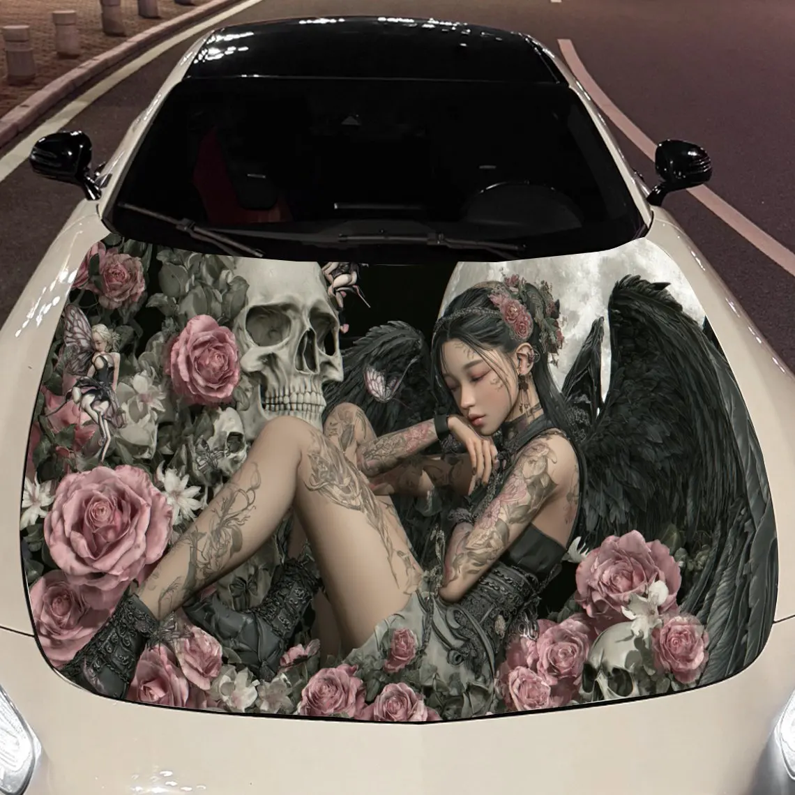 

Розовые розы, черепа и татуированные черные крылатые женские автомобильные виниловые пленки, водонепроницаемая наклейка на капот автомобиля из ПВХ, самоклеящаяся царапина