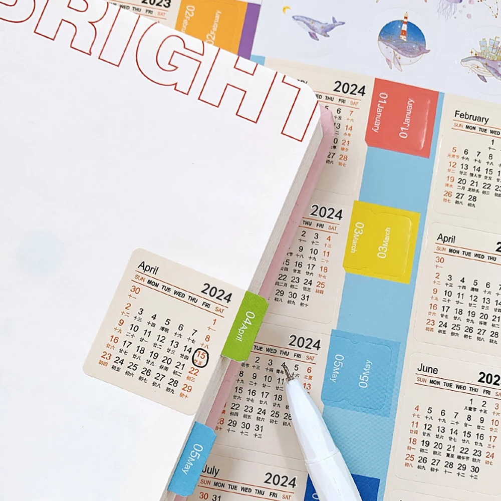 2024 Yearly Calendar Stickers Kawaii Notebook Planner Index Labels Bookmarks Monthly Korean Stationery Stickers Office Supplies
