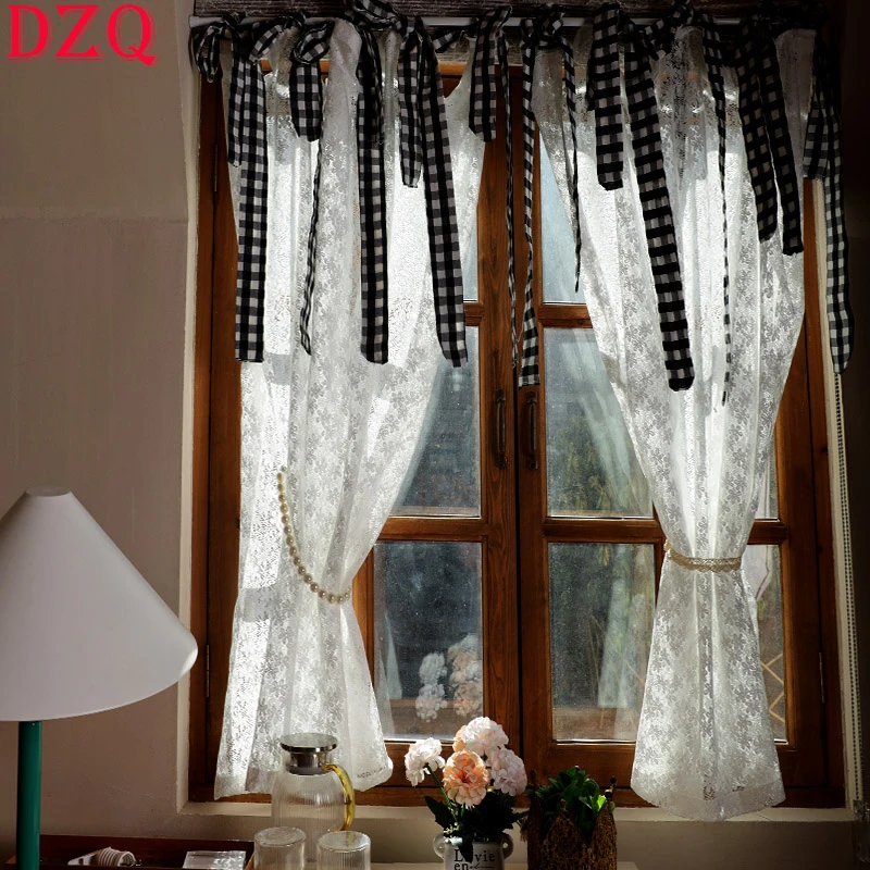 135*120 Idyllic Tape Top Elegant Lace Tulle Door Curtain Special Design Rural White Lace Gauze Curtains for Kitchen #A155