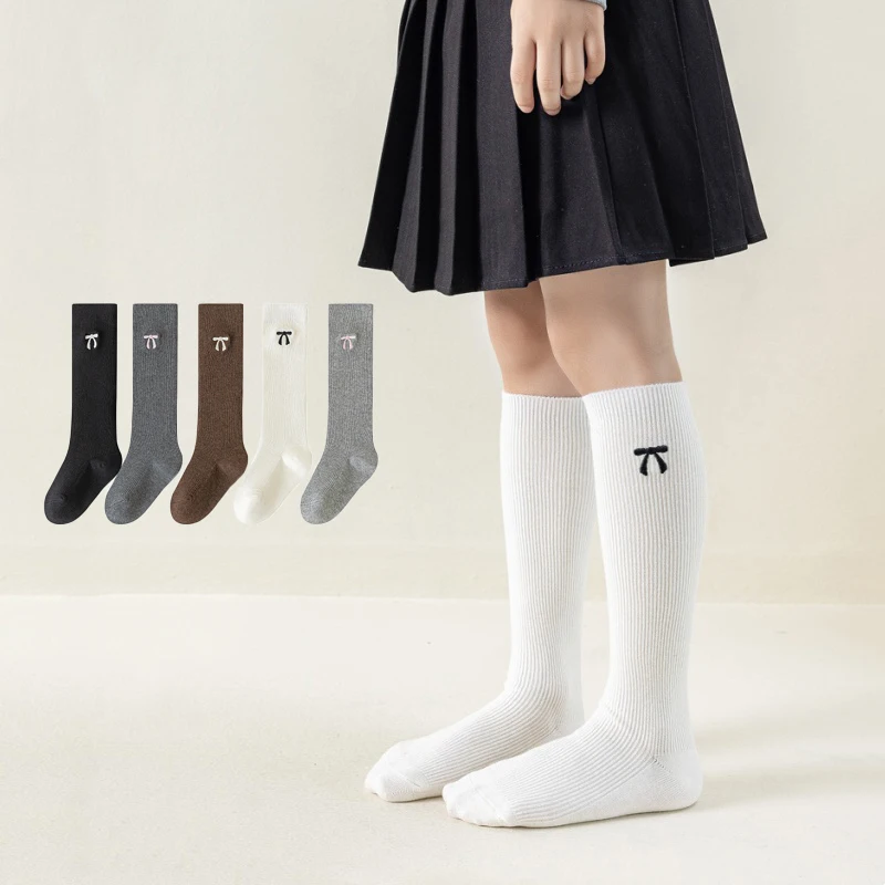 Children's Calf Socks Spring Autumn Slimming Cotton Kids Knee High Socks Sweet Elegant Embroidered Bow Long Sock for Girls 3-12Y