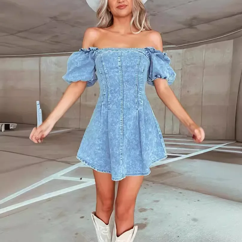 Denim Dress Women Sleeveless Vintage Distressed Mini Dresses Puff Sleeve Backless Cowboy A Line Sexy Female Vestidos Streetwear
